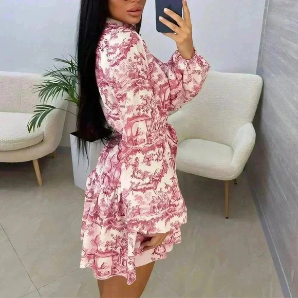 Red Boho Women's Elegant Random Print Long Sleeve Tie-Waist Loose Fit Midi Dress - Picture 6 of 7